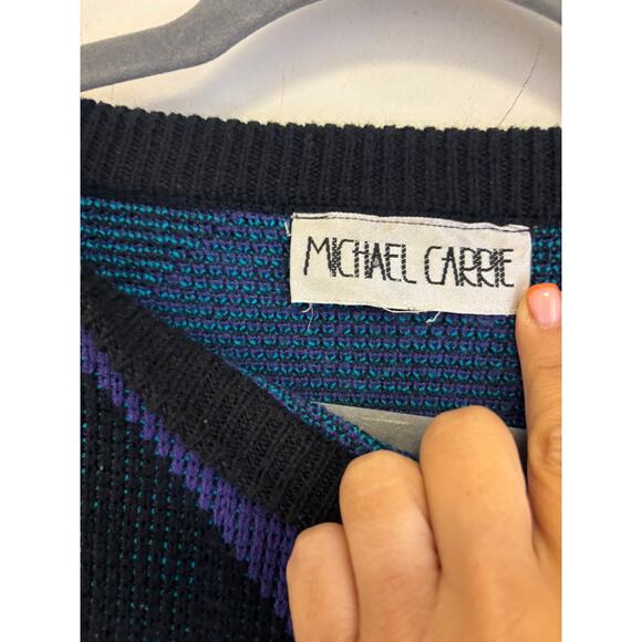 Vintage 90’s Michael Carrie Acrylic Black Purple Diamond Pullover Sweater - Picture 3 of 5